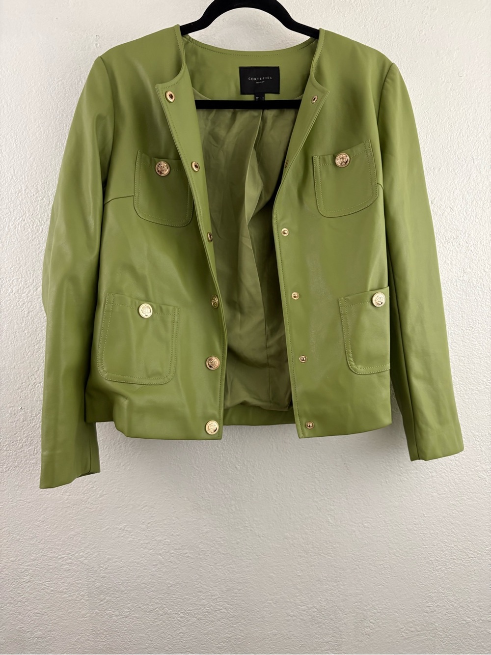 Cortefiel green faux leather collarless jacket size 6